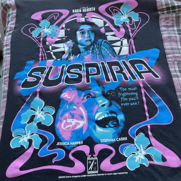 Suspiria 70s Horror Movie Tee Reworked with Pink and Grey Slouchy Flannel Shirt - Picture 5 of 8